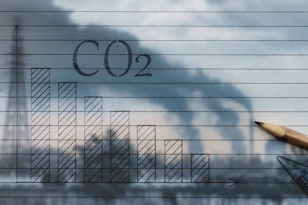 手描きのコラムは濃煙で工場の漏斗を背景にCo2削減傾向を示しています — ストック写真