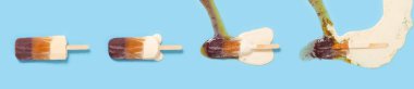 passion fruit and waxberry and milkshake flavor popsicle melting process on blue background at top angle view