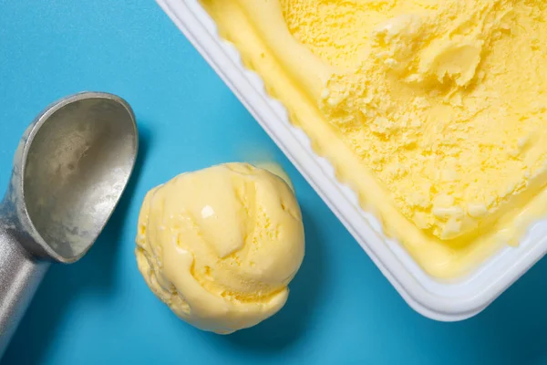 Top View Pineapple Flavor Ice Cream Scooped Ball Horizontal Composition —  Fotos de Stock