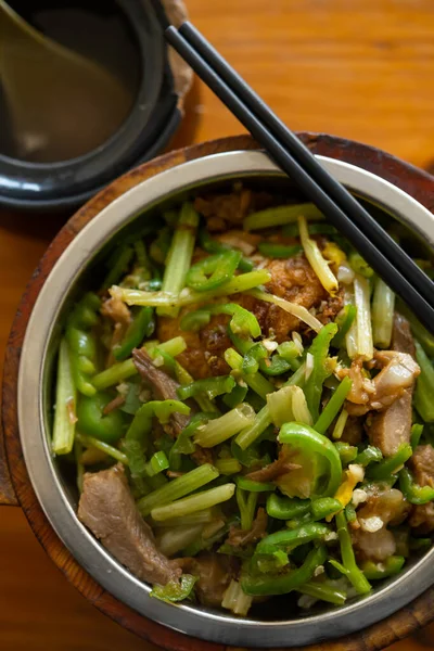 Top View Fast Food Fried Pork Fish Celery Bowl Soup — Zdjęcie stockowe