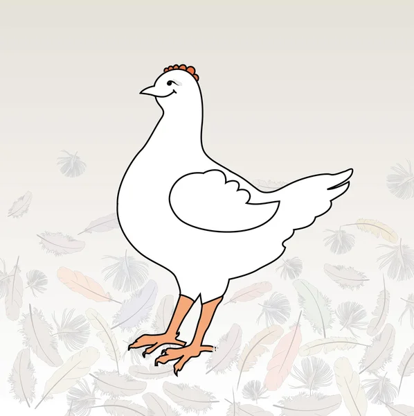 Selamat ayam putih, dikelilingi oleh bulu. Ilustrasi vektor - Stok Vektor