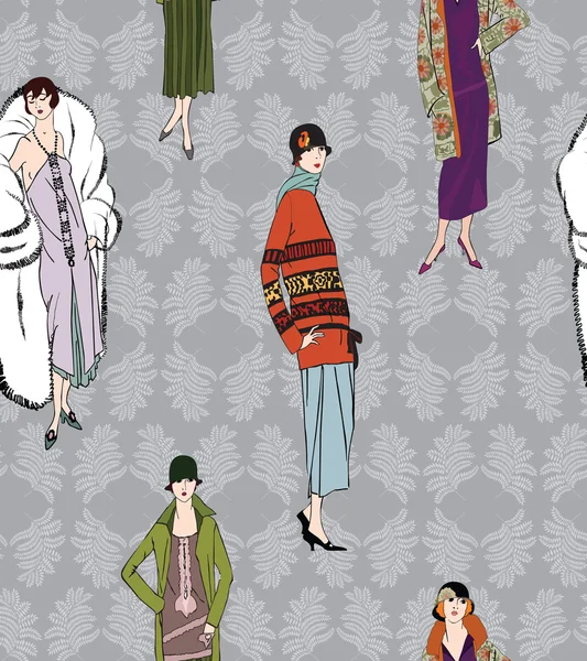 Moda elegante meninas vestidas (1950 do estilo 1960) padrão sem costura: festa de moda retro. silhuetas de moda vintage dos anos 60 . —  Vetores de Stock