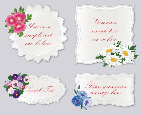 Conjunto de insignias, etiquetas con espacio de copia. Conjunto de tarjetas de encaje de regalo con ramo de flores ilustración aislada . — Foto de Stock