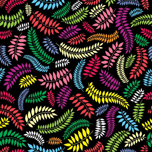 Abstrait multicolore feuilles motif sans couture sur fond noir . — Image vectorielle