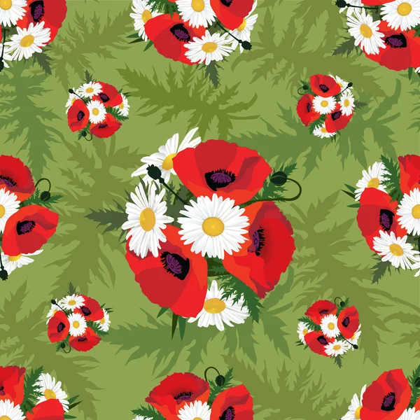 Meadow flowers seamless pattern. Floral background. Poppy and chamomile — Stock Vector