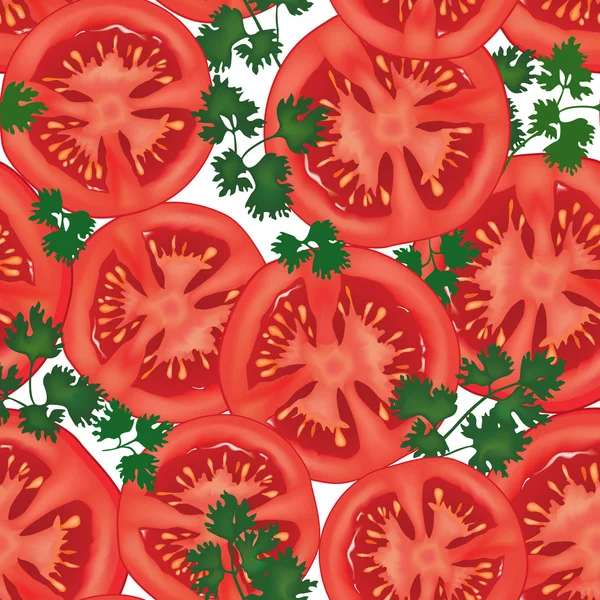 番茄无缝矢量背景的现实主义风格。与欧芹白上番茄片. — 图库矢量图片