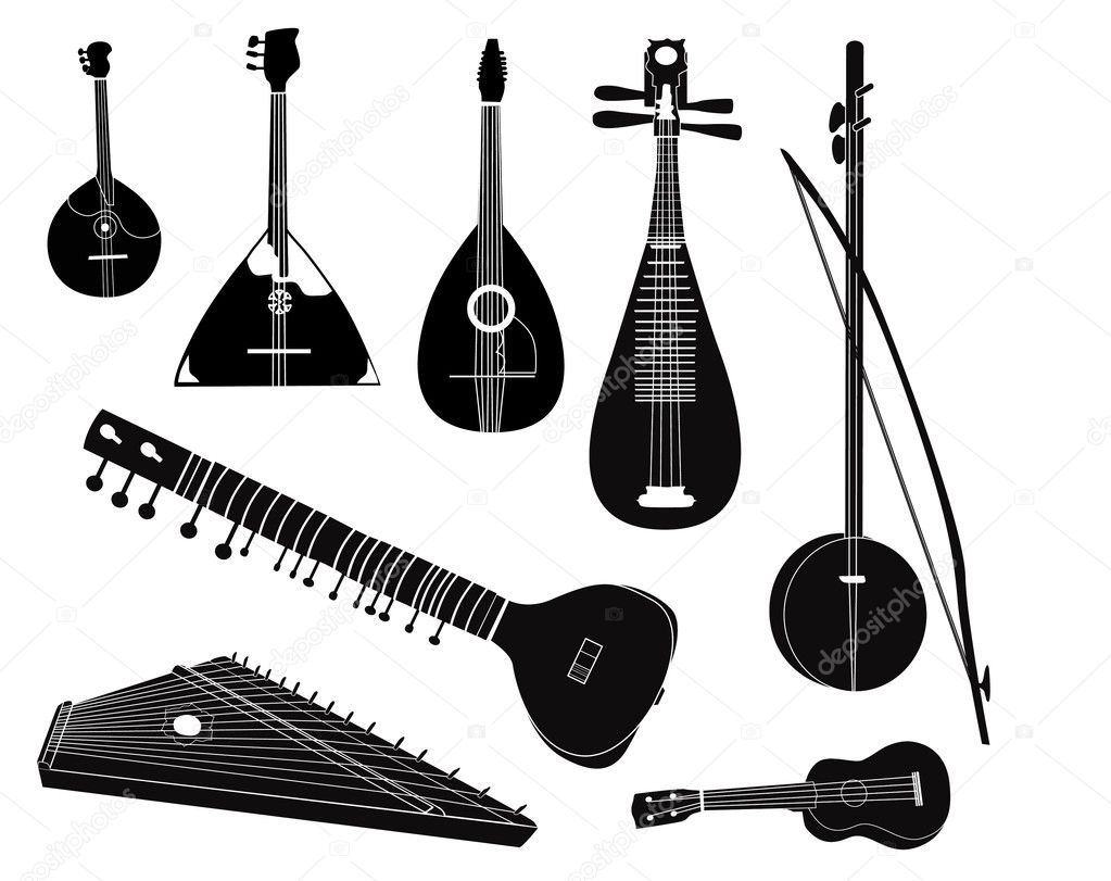 Ethnic music instruments vector set. Musical instrument silhouette on