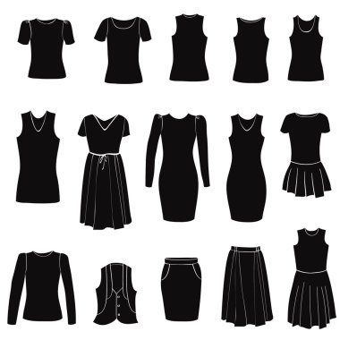 Fashion icons set. Female clothes collection. Dress vector silhouette.