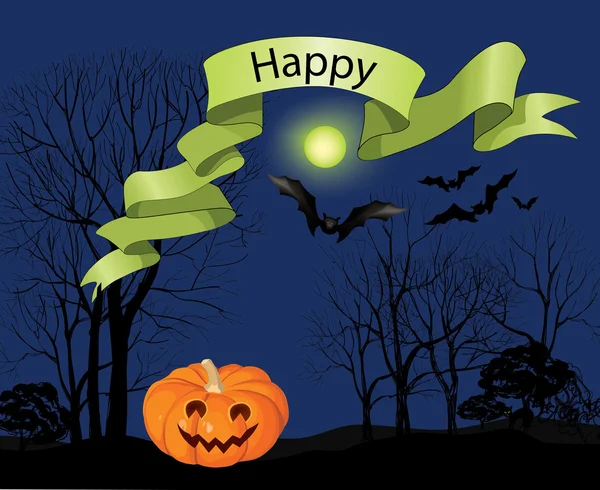 Halloween-Party Hintergrund mit Kürbis, Fledermäusen und Mond im Rücken. — Stockvektor