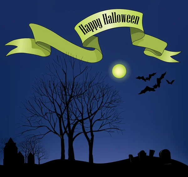 Halloween Spooky Graveyard Background with Bats and Moon in the Back. — Stock Vector