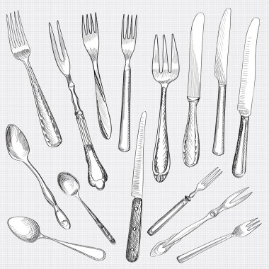 Fork, Knife, Spoon hand drawing sketch set.