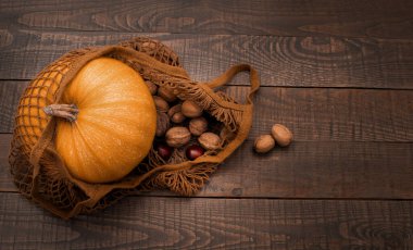 Balkabağı, kestane ve ceviz örgü bir çantada..
