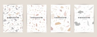 Terrazzo desenli modern soyut tasarım şablonları. Gerçekçi mermer dokusu. Çevrimiçi ve çevrimdışı mağazalar için tebrik kartları, afişler, afişler. Mesaj için kullanmaktan çekinmeyin. Yaratıcı dergi kapakları, düğün davetiyeleri, broşürler.