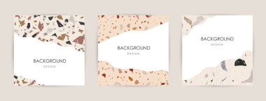 Terrazzo desenli modern soyut tasarım şablonları. Gerçekçi mermer dokusu. Çevrimiçi ve çevrimdışı mağazalar için tebrik kartları, afişler, afişler. Mesaj için kullanmaktan çekinmeyin. Yaratıcı dergi kapakları, düğün davetiyeleri, broşürler.