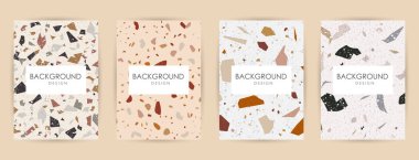 Terrazzo desenli modern soyut tasarım şablonları. Gerçekçi mermer dokusu. Çevrimiçi ve çevrimdışı mağazalar için tebrik kartları, afişler, afişler. Mesaj için kullanmaktan çekinmeyin. Yaratıcı dergi kapakları, düğün davetiyeleri, broşürler.