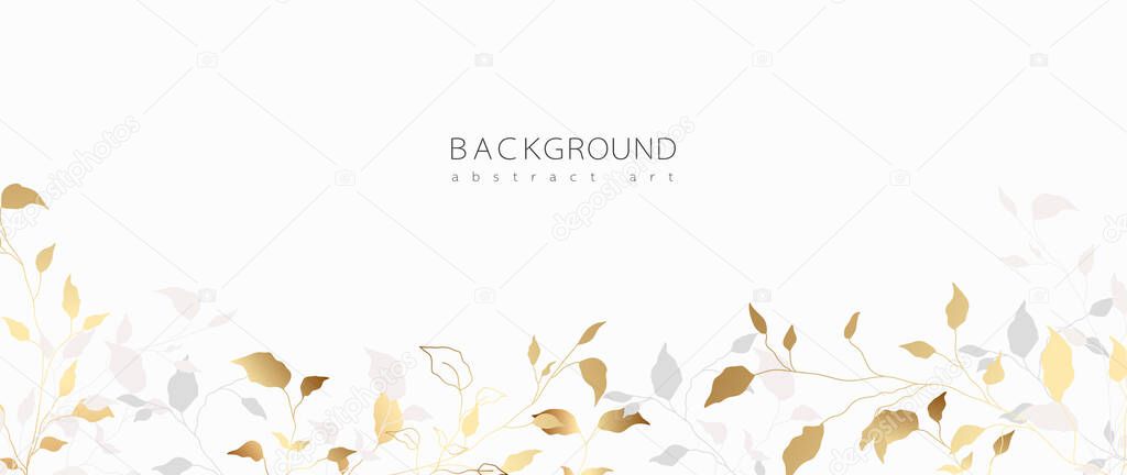 Abstract art background vector. Minimal style wallpaper with golden line art flower and botanical leaves, Organic shapes, Watercolor. Vector background for banner, poster, Web and packaging.