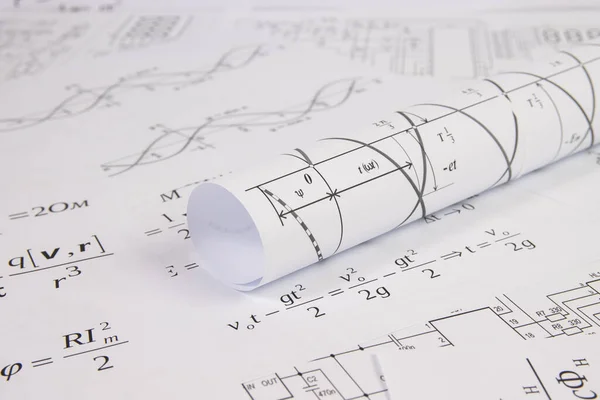 Kağıt Üzerine Basılmış Matematiksel Elektrik Formülleri Grafikler Mühendislik Çizimleri — Stok fotoğraf