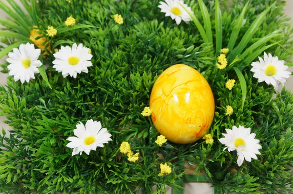 Kolorowe jaja leżą na trawy syntetycznej — Zdjęcie stockowe