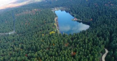 Golcuk Milli Parkı Bolu Türkiye 'nin 4K hava görüntüsü. Ulusal Park 'taki ormanın içindeki Tahta Göl evi.