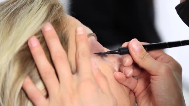 Processo Fazer Maquiagem Maquiagem Artista Trabalhando Com Escova Rosto Modelo — Vídeo de Stock