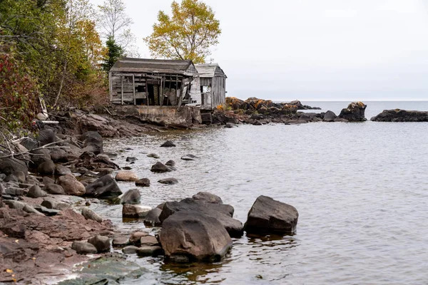 Two Fishhouse Beach Famous Abandoned Fishing Shelters Lake Superior Grand — Stock Photo, Image
