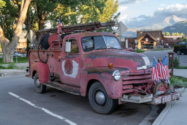 Ridgway Colorado Augustus 2021 Decoratieve Brandweerwagen Geparkeerd Buiten Het Ridgway — Stockfoto