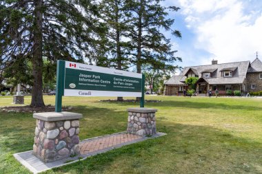 Jasper, Alberta, Canada - July 13, 2022: Sign for the Jasper National Park Information Centre at the National Historic Site