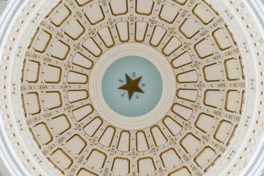 Austin, Texas - May 23, 2022: Inside the rotunda of the Texas State Capitol Building, the domed ceiling with the word Texas and lone star.