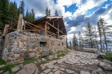Lake Louise, Canada - July 9 2022: Side view of the Lake Agnes teahouse reached via hiking in Banff National Park