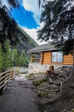 Lake Louise, Canada - July 9 2022: Side view of the Lake Agnes teahouse reached via hiking in Banff National Park