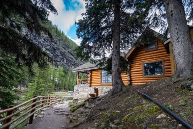 Lake Louise, Canada - July 9 2022: Side view of the Lake Agnes teahouse reached via hiking in Banff National Park