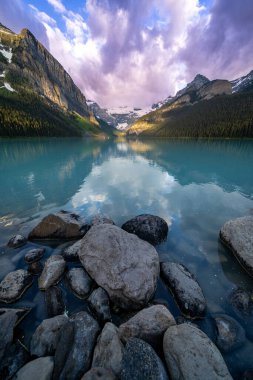 Lake Louise in Banff National Park at sunrise in summer