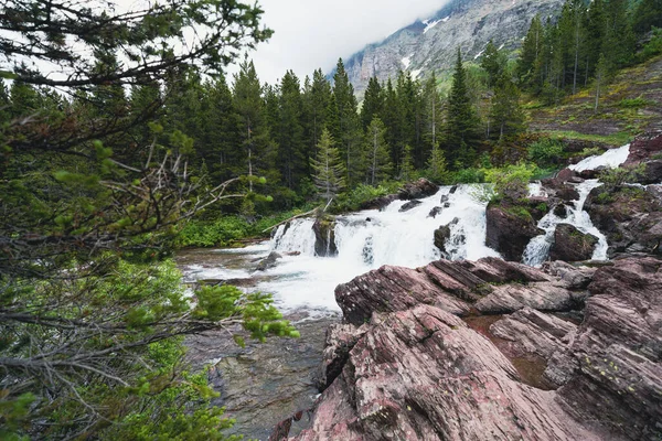 Redrock Falls Swiftcurrent Pass Hiking Trail Glacier National Park Overcast — Stok Foto
