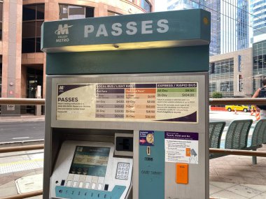 Phoenix, Arizona - August 23, 2022: Machine to purchase ride tickets for the Metro Valley public transportation system, that includes buses and light rail