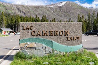Waterton, Alberta, Canada - July 5, 2022: Welcome sign to Cameron Lake in  Waterton Lakes National Park
