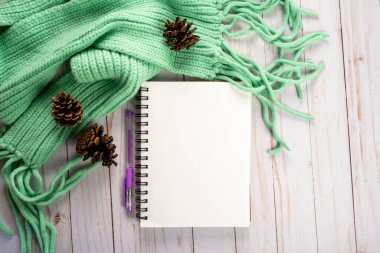 Günlük ya da günlük düzlüğü boş defter, kalem, çam kozalağı ve bir örgü örgü eşarbı ile tepeden aşağı görünüm
