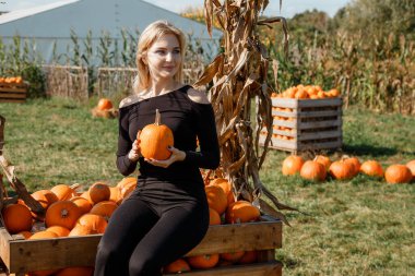 Sarı bir balkabağı tutan genç bir kadın. Siyahlı kız elinde balkabağıyla bir kutunun üzerinde oturuyor..