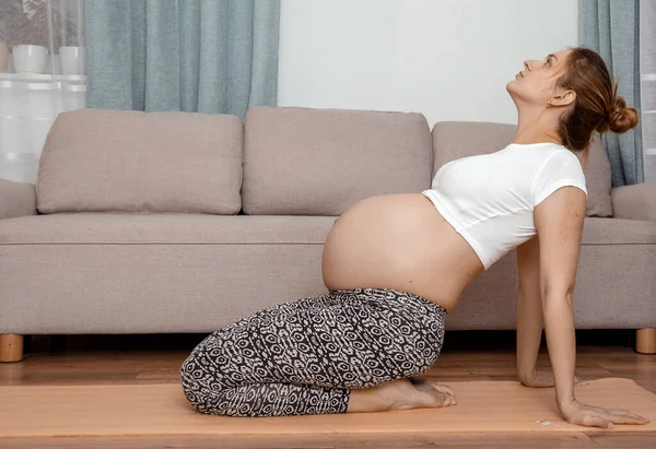 Güzel Hamile Kadın Karnını Tutarak Oturuyor Genç Hamile Kadın Dizlerinin — Stok fotoğraf