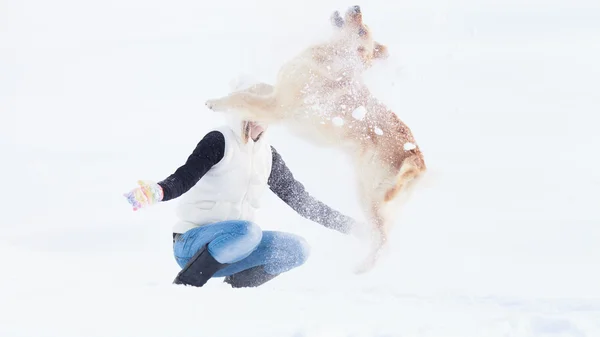 Meisje met haar hond spelen in winter in openlucht. Labrador retriever — Stockfoto