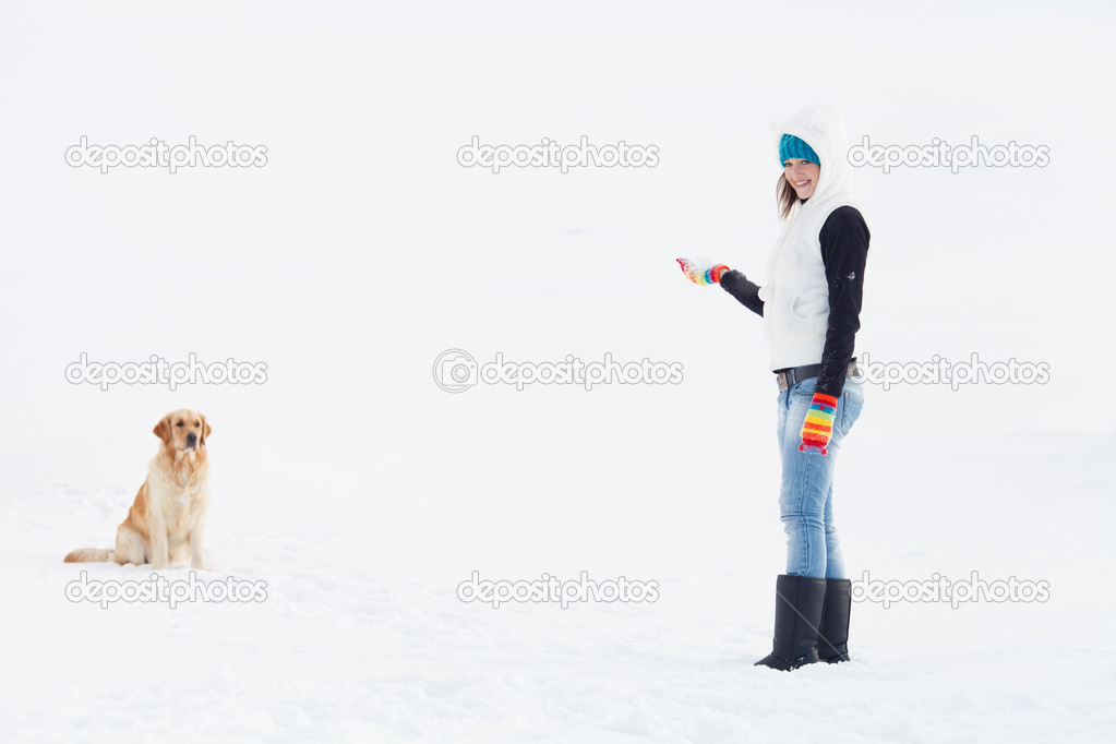 Dog waiting patiently for snow ball fetch from his mistress.