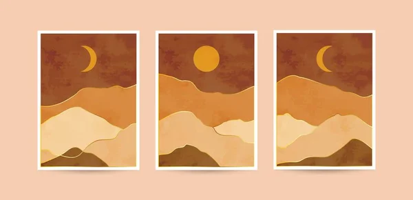 Abstract contemporary aesthetic backgrounds landscapes set with sunrise, sunset, and night. Earth tones, pastel colors. Boho wall decor. Mid century modern minimalist art print. Flat design.