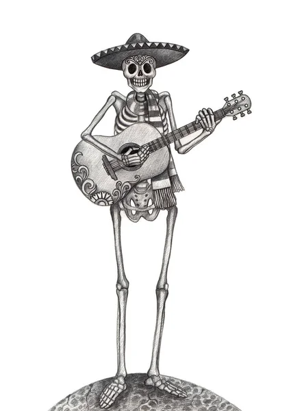 Skull playing guitar .Hand drawing on paper.