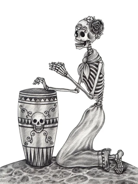 Mulher Crânio Tocando Dia Tambor Morto Desenho Mão Sobre Papel — Fotografia de Stock