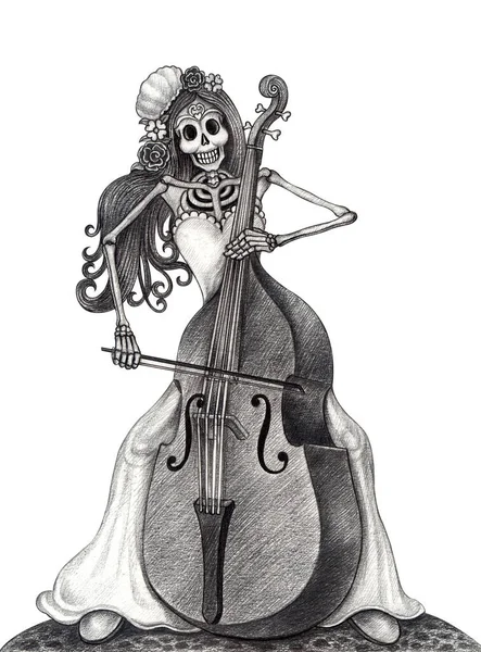 베이스를 연주하는 여자의 두개골 종이에 — 스톡 사진