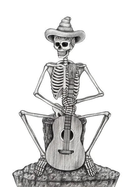 Crânio Com Dia Guitarra Dos Mortos Desenho Mão Sobre Papel — Fotografia de Stock
