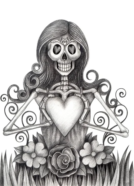 Woman Skull Love Day Dead Hand Drawing Paper — Stock Photo, Image