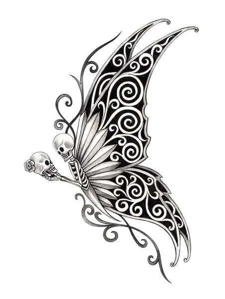Arte Fantasia Surreal Borboleta Crânio Tatuagem Desenho Mão Sobre Papel Imagens Royalty-Free