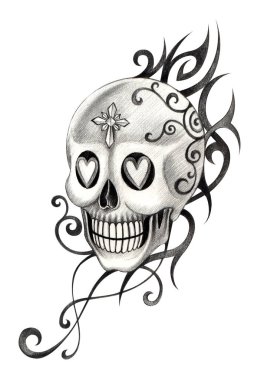 Sanat kafatası dövmesi. Kağıda el çizimi.