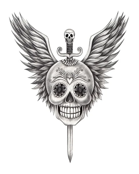 Art Sword Wings Skull Tattoo Hand Drawing Paper — Stock Photo, Image