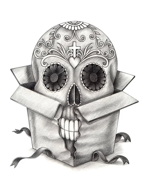 Crâne Art Dans Boîte Cadeau Dessin Main Sur Papier — Photo